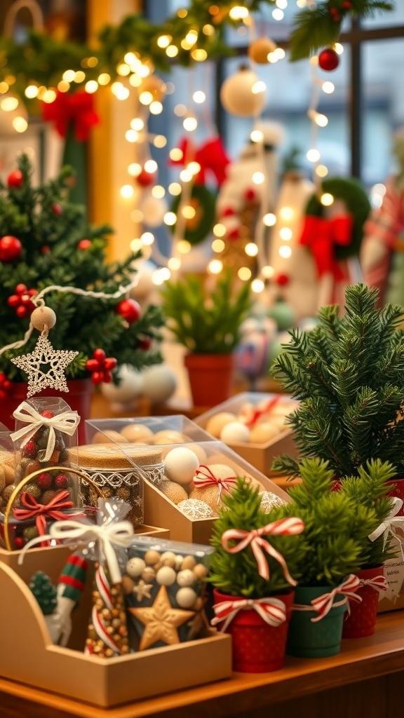 A collection of budget-friendly Christmas gifts including handmade items, baked goods, and plants, arranged with holiday decorations.